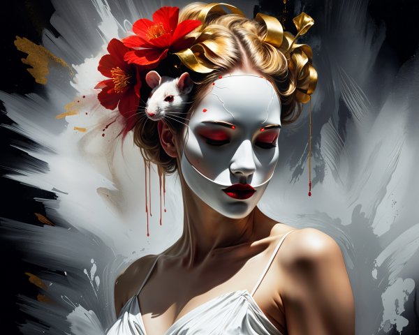 Portrait of a Woman in a White Mask with Red Accents