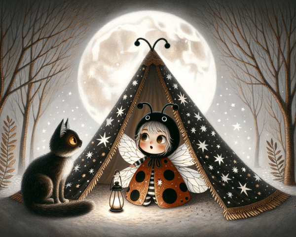 Whimsical Child as Ladybug in Cozy Starry Tent