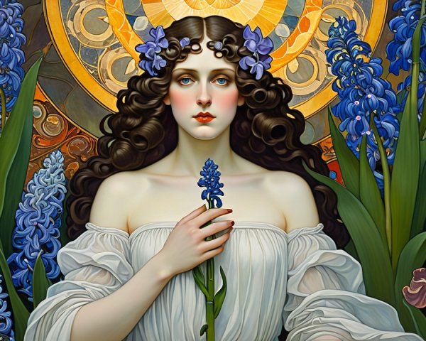 Serene Woman in White Gown Surrounded by Flowers