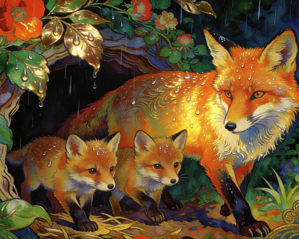 Mother Fox and Kits in Colorful Rainy Garden