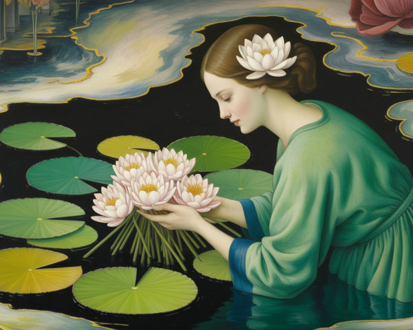 Young Woman Collecting Water Lilies in Tranquil Waters