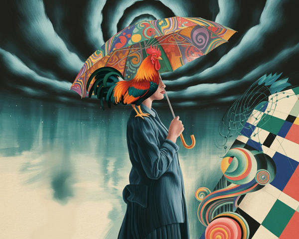 Colorful Figure Under Vibrant Umbrella in Surreal Scene