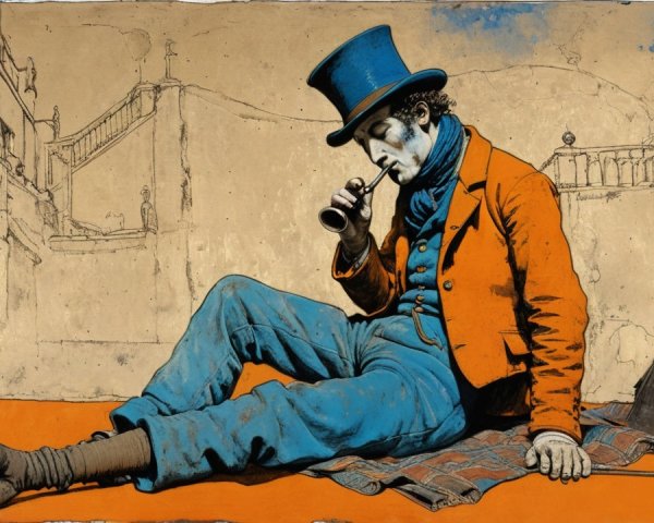 Man in Blue Outfit with Orange Coat and Top Hat