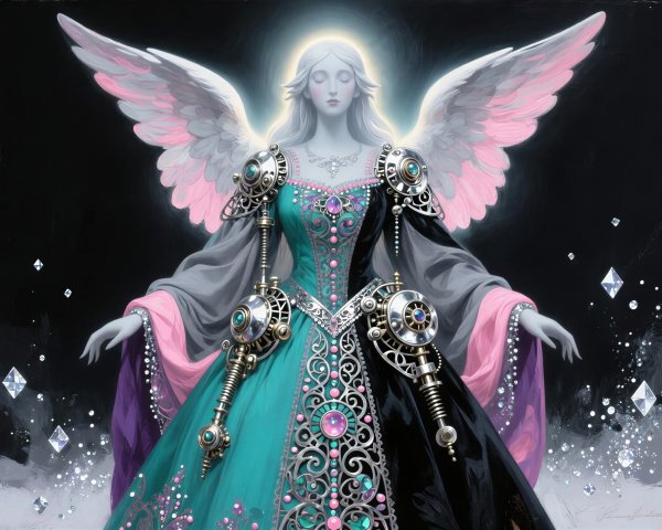 Goddess-like angel in medieval-steampunk attire