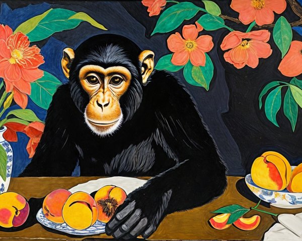 Curious Chimpanzee with Peaches and Lush Foliage