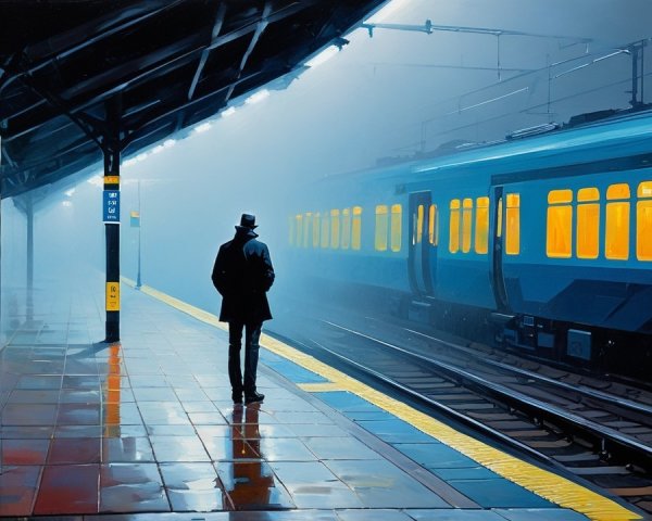 Lone Figure at Misty Train Station with Glowing Train