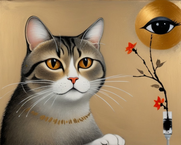 Stylized Cat Portrait with Golden Eyes and Flowers