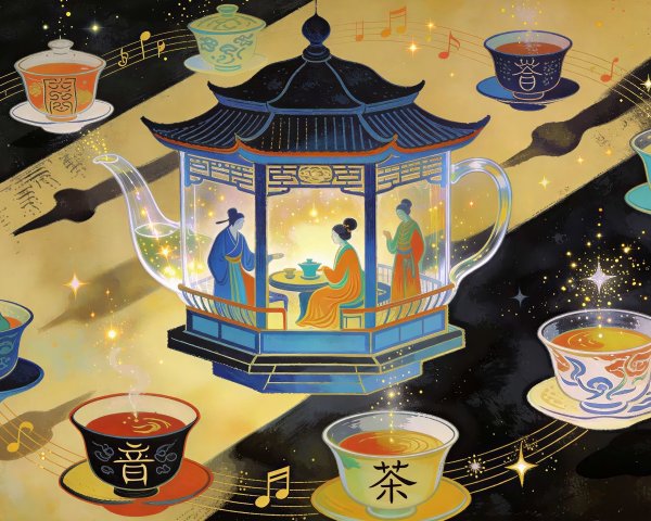 Mystical Chinese Tea Party Illustration with Teapot and Cups
