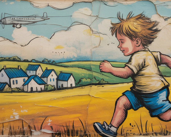 Cheerful Boy in Sunny Landscape with Village and Plane