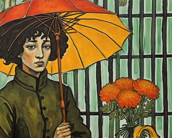Woman with Umbrella in Dark Green Coat and Flowers
