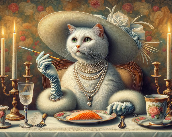 Elegant white cat at a lavish dining table setting