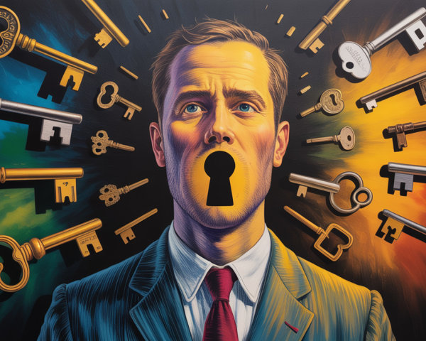 Man in Suit with Keyhole Mouth and Surrounding Keys