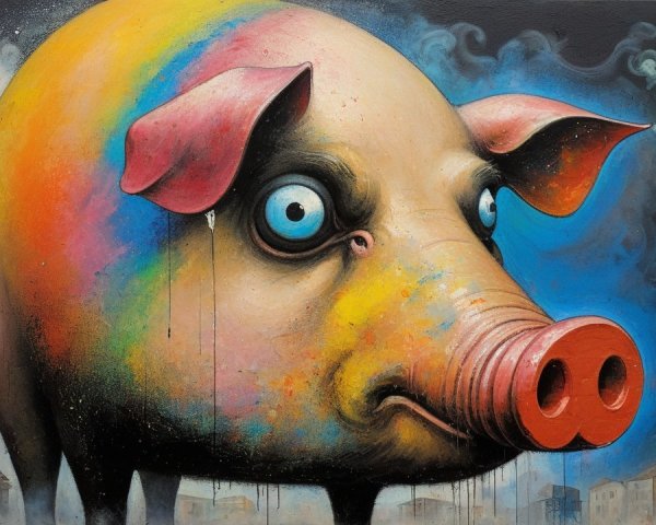 Surreal Painting of a Giant Colorful Pig in Foggy City