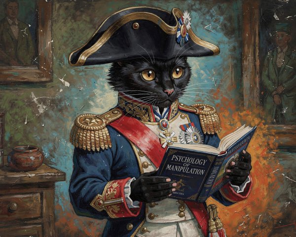 Photorealistic oil painting of a cat in military uniform