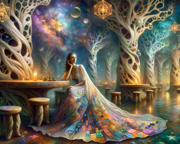 Serene Woman in Colorful Forest with Cosmic Motifs