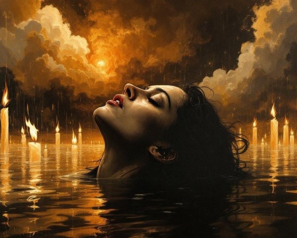 Serene figure in dark water with candlelight glow