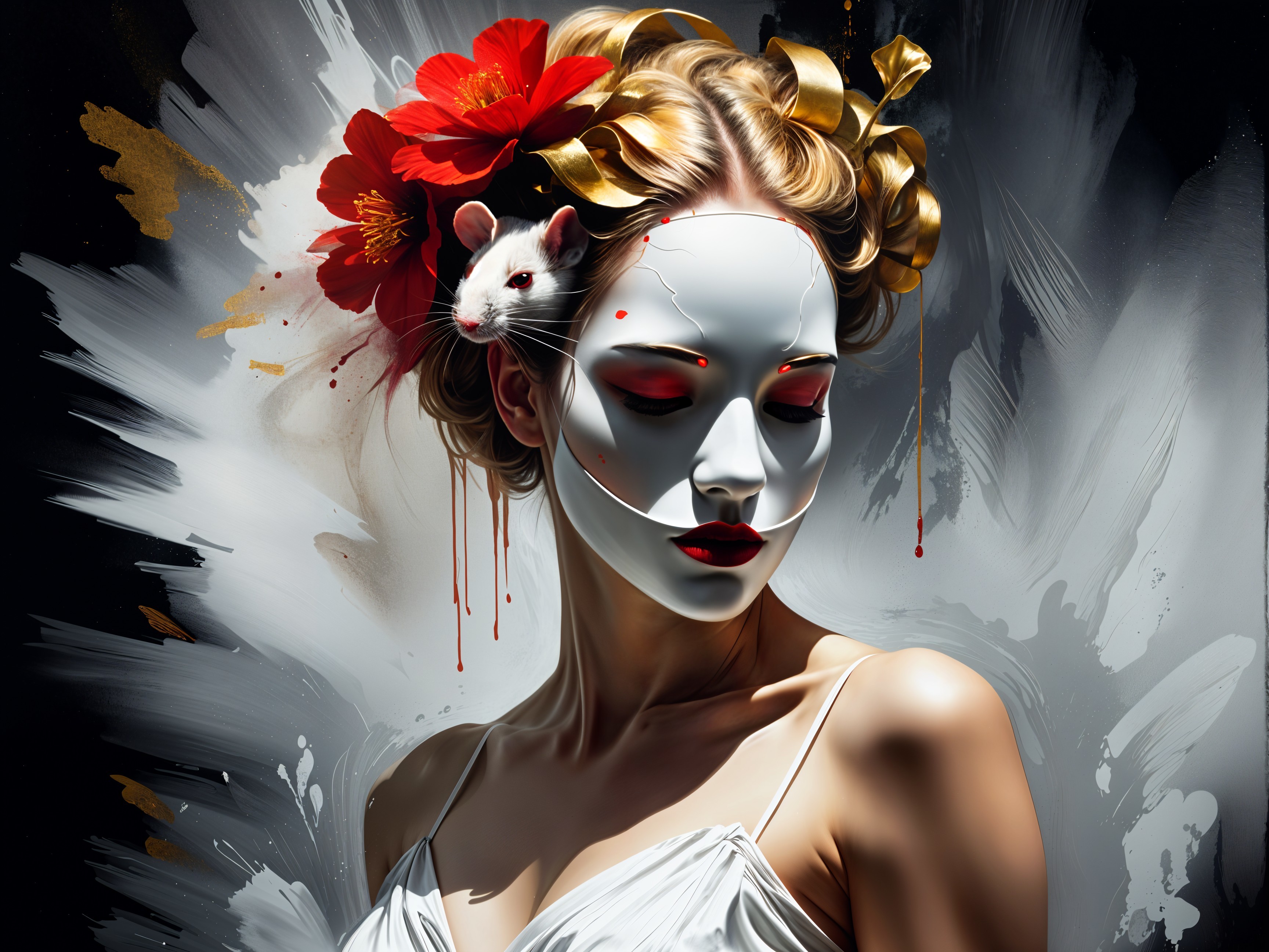 Portrait of a Woman in a White Mask with Red Accents