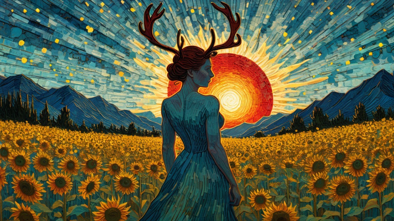 Silhouette of a Woman in a Sunflower Field at Sunrise
