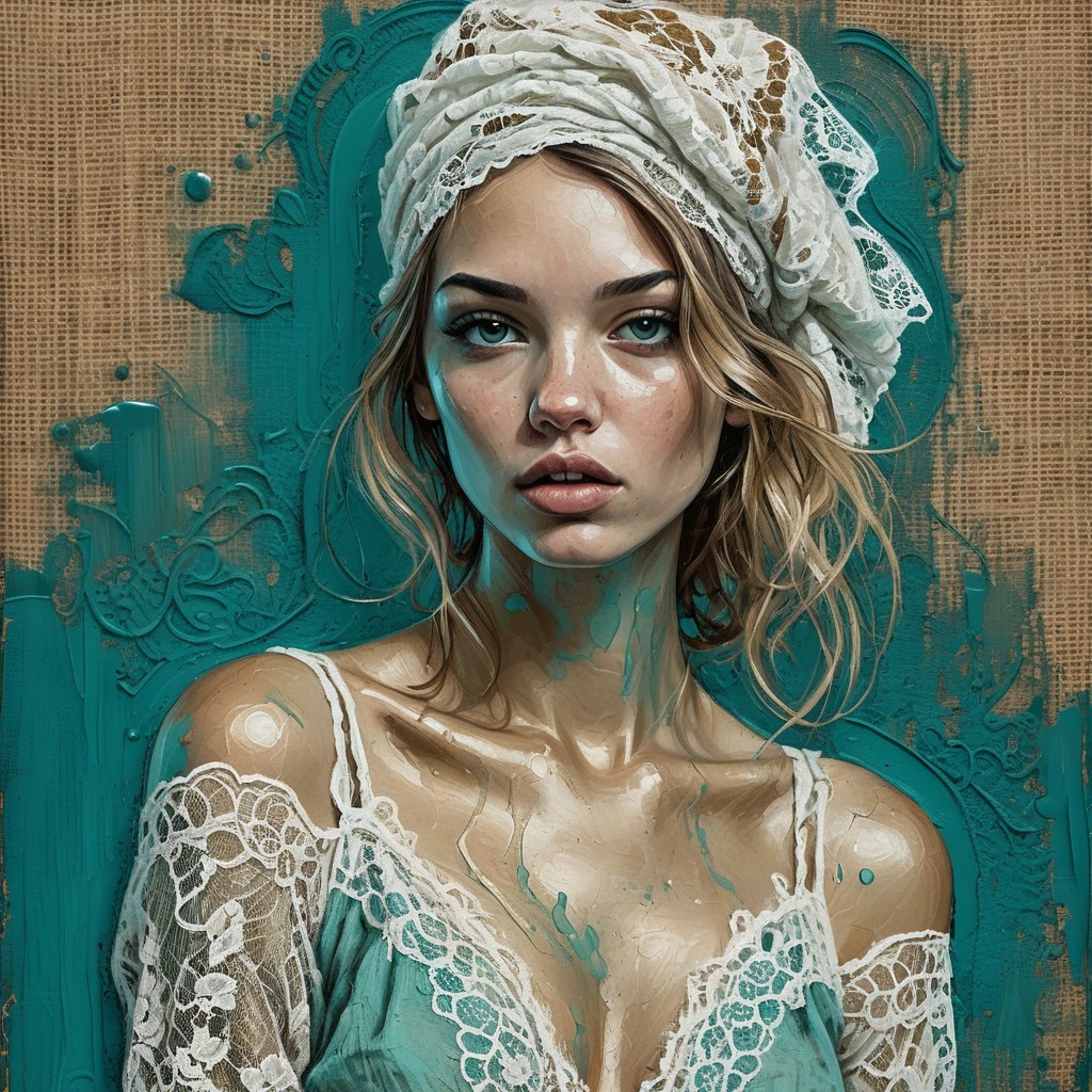 Portrait of a woman with lace headscarf and paint splatters