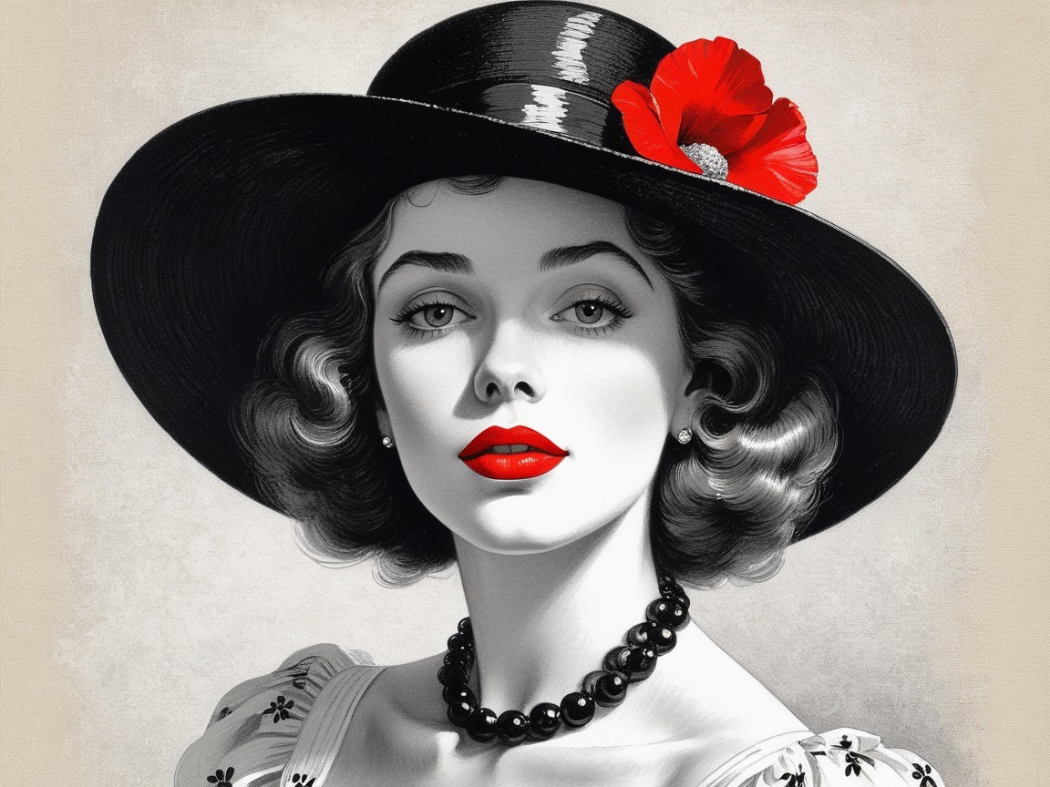 Vintage Illustration of Glamorous Woman in Hat
