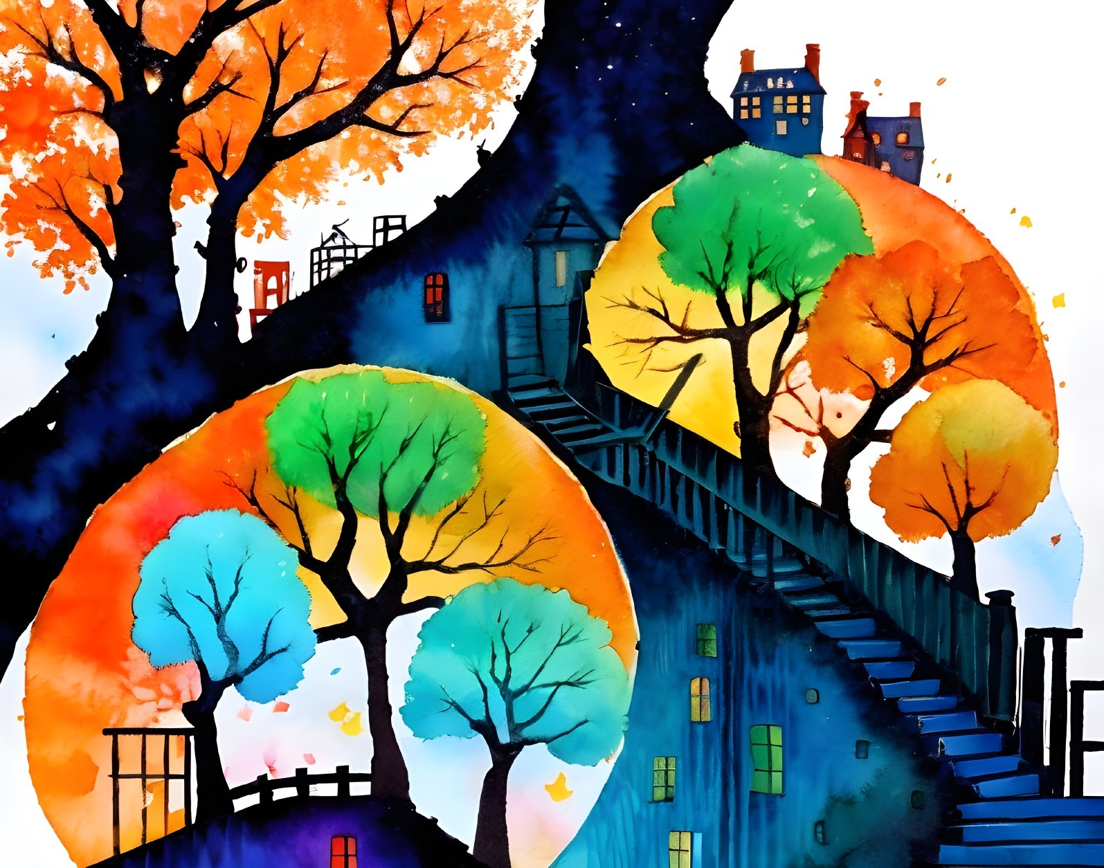 Vibrant autumn trees over path to village at dusk