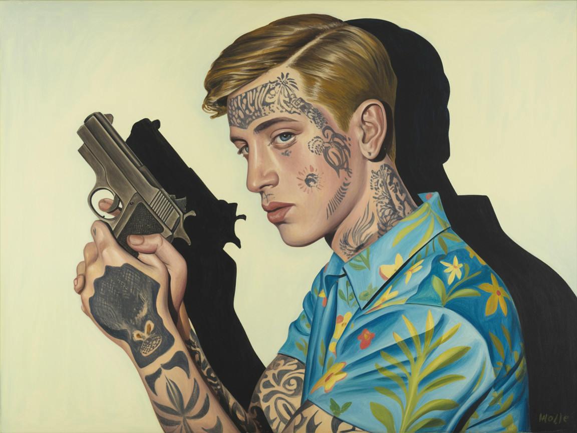 Young man in floral shirt with tattoos and handgun