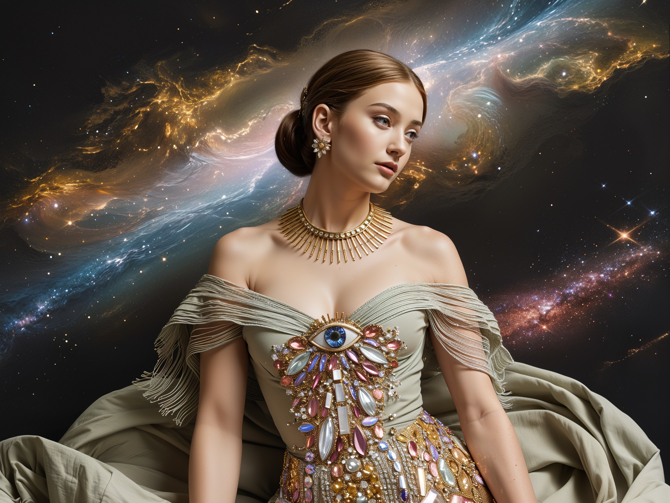 Ethereal Model in Off-Shoulder Gown Against Cosmic Backdrop