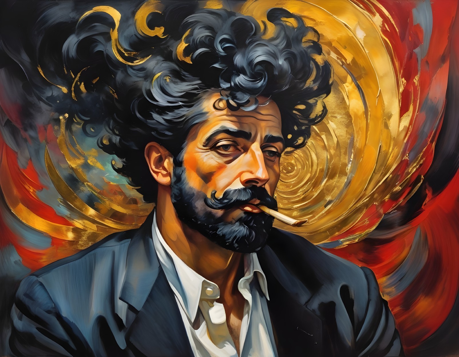 Stylized Portrait of a Man with Bold Colors and Swirls