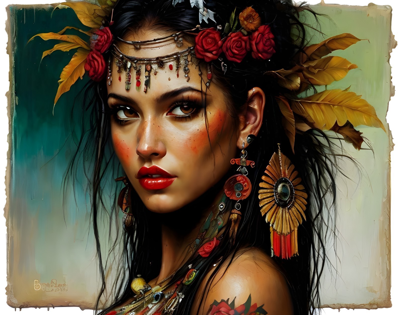Striking Woman with Dark Hair and Floral Adornments