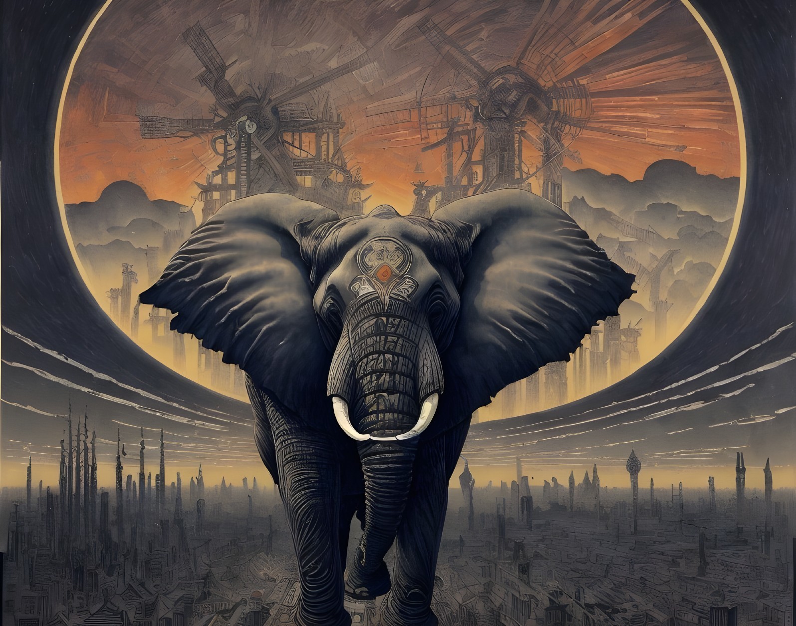 Majestic Elephant in Surreal Landscape with Windmills