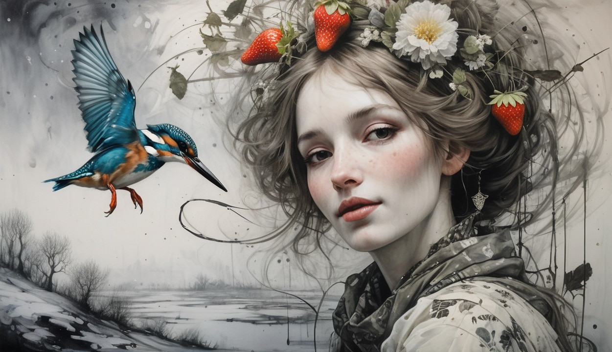 Surreal Portrait of a Woman with Strawberries and Flowers