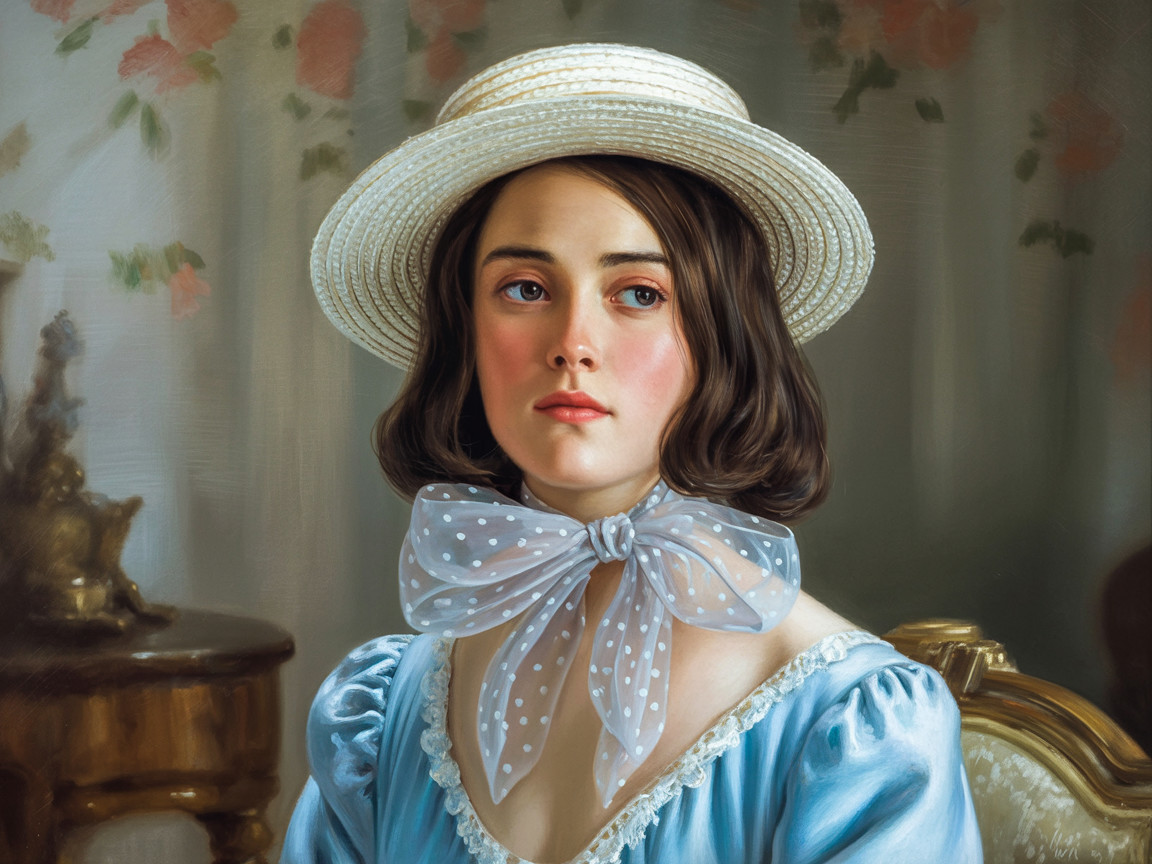 Young woman in blue dress with straw hat and bow
