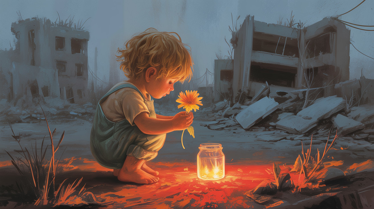 Child with Sunflower in Post-Apocalyptic Landscape