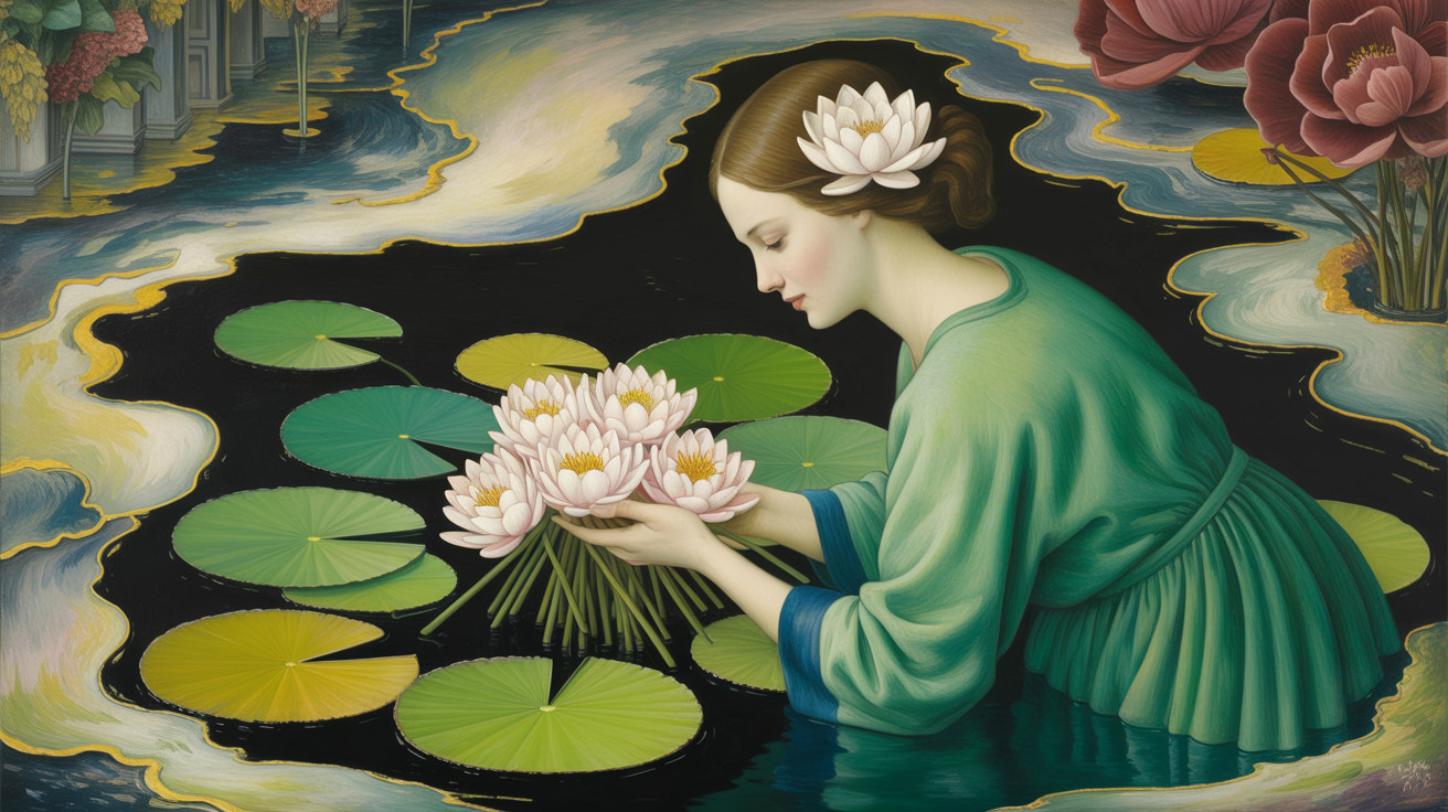 Young Woman Collecting Water Lilies in Tranquil Waters