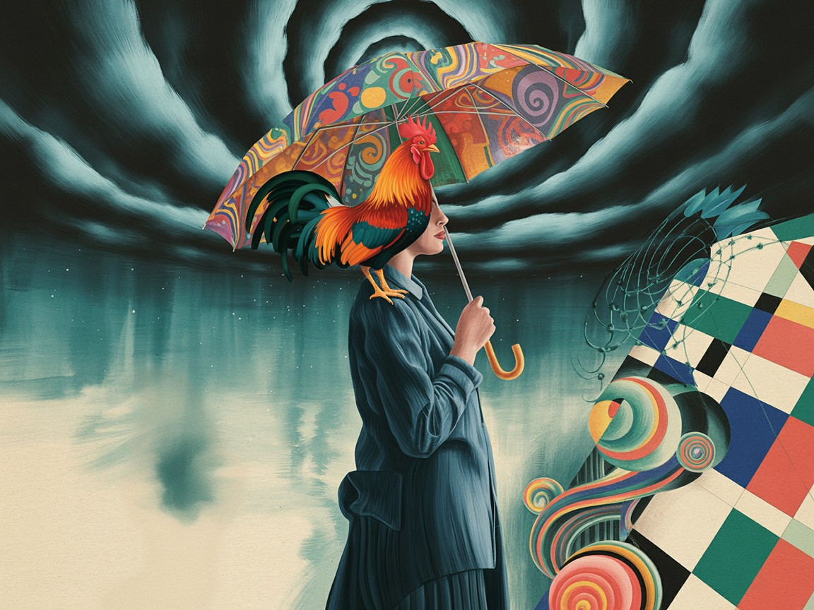 Colorful Figure Under Vibrant Umbrella in Surreal Scene