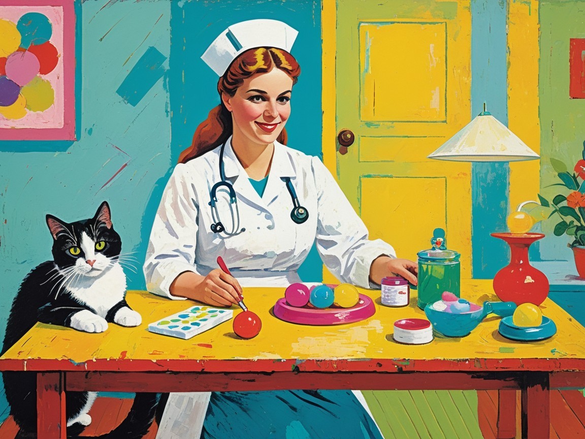 Cheerful nurse painting colorful eggs with a cat nearby