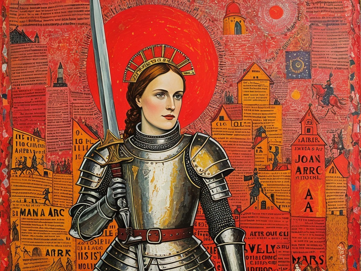 Medieval Female Warrior in Armor with Sword and Halo