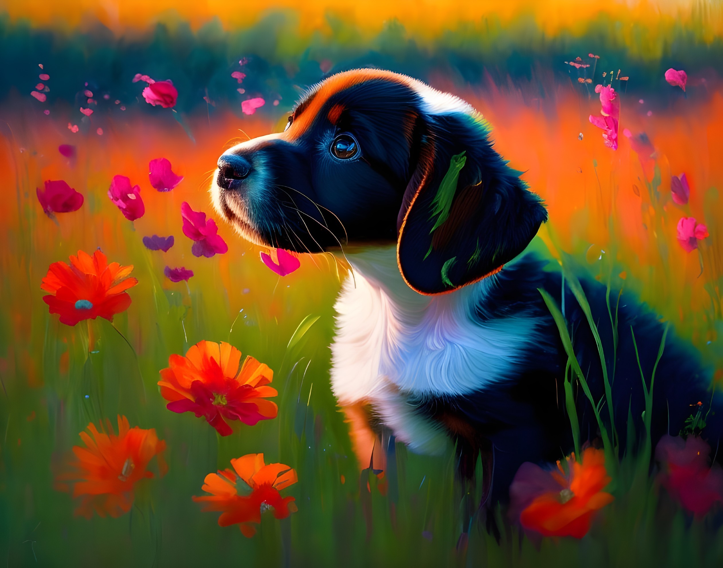 Puppy surrounded by red poppies in warm sunlight