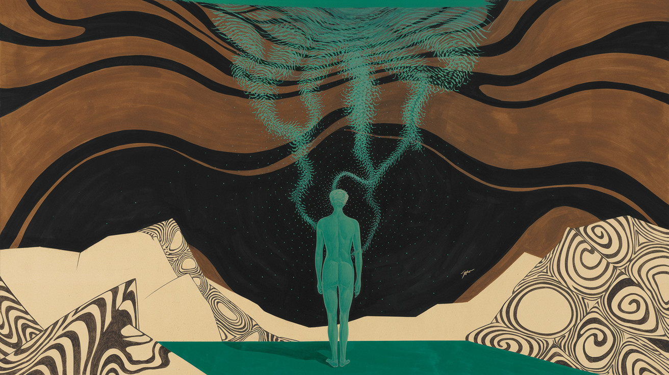 Solitary Figure in Geometric Landscape with Cosmic Elements