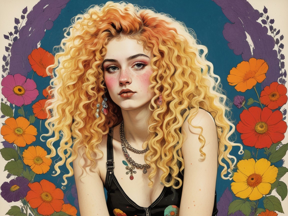 Young woman with curly blonde hair and vibrant flowers