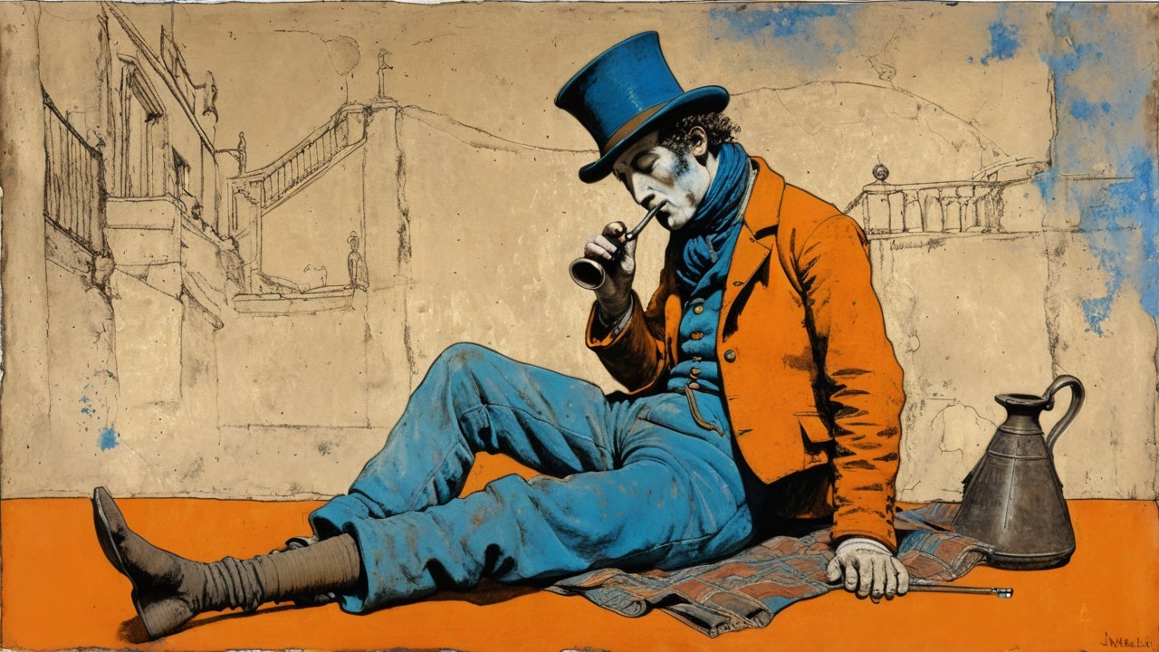 Man in Blue Outfit with Orange Coat and Top Hat
