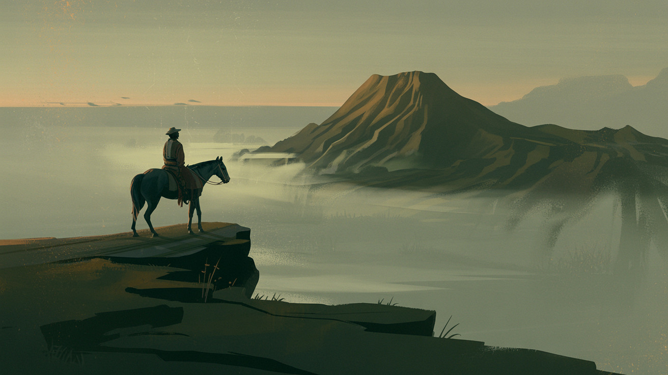Cowboy Overlooking Misty Landscape with Mountains