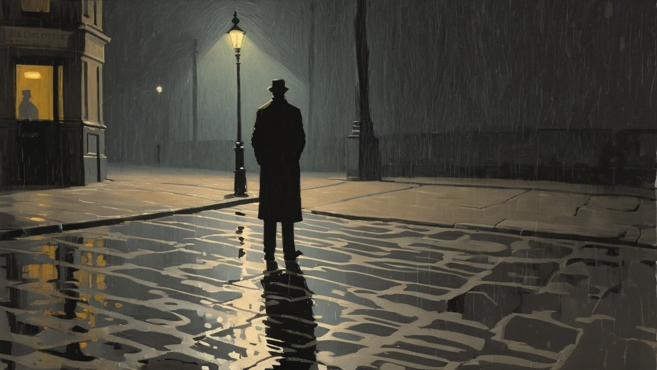 Solitary Figure Under Streetlamp in Rainy Urban Scene