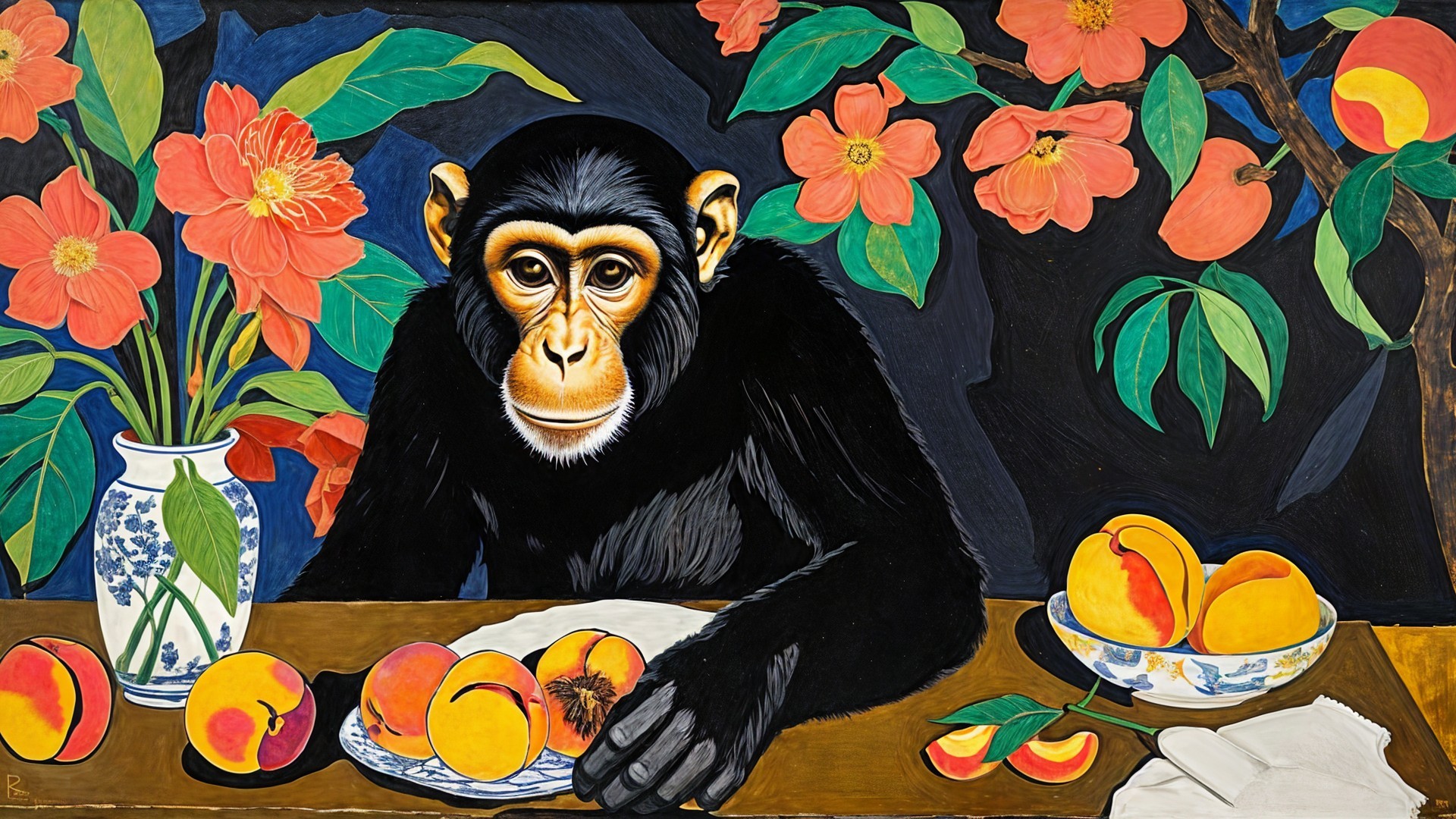 Curious Chimpanzee with Peaches and Lush Foliage