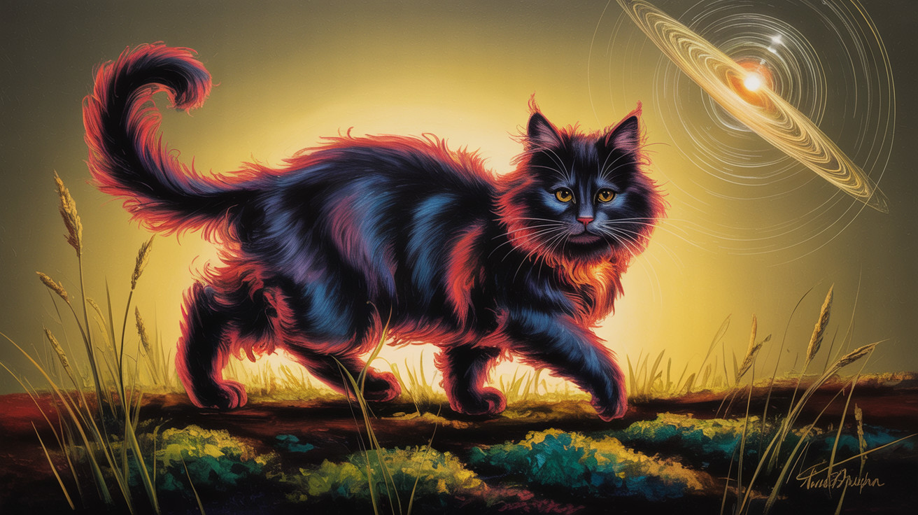 Fluffy Cat in Grassy Landscape with Cosmic Background