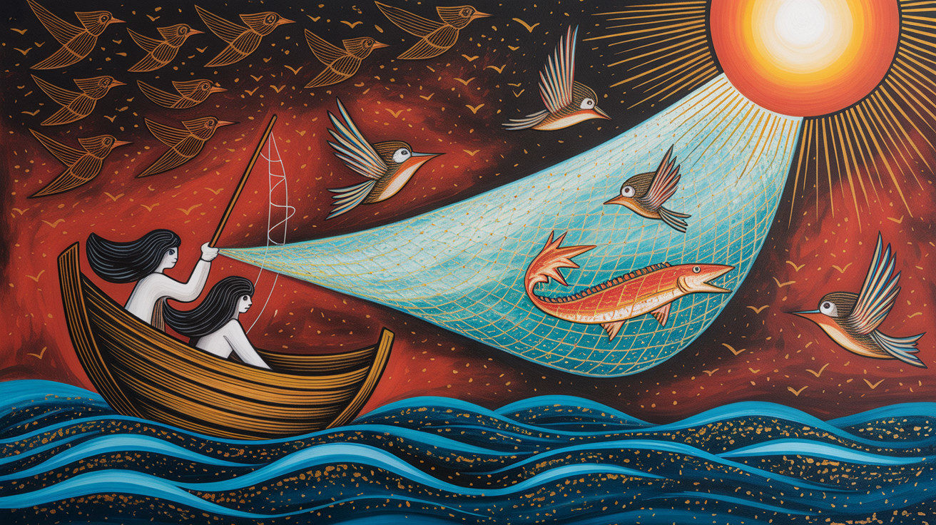 Whimsical Scene of Fishing in a Vibrant Landscape