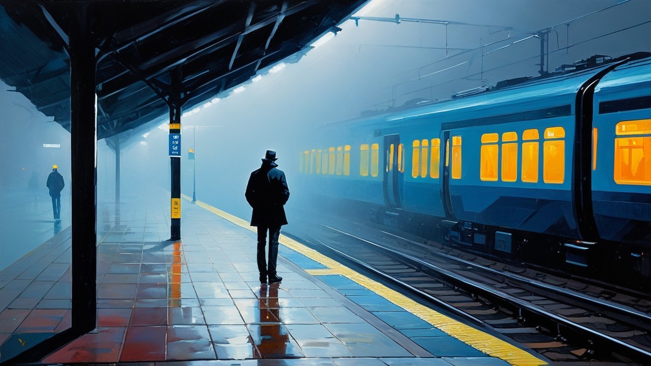 Lone Figure at Misty Train Station with Glowing Train