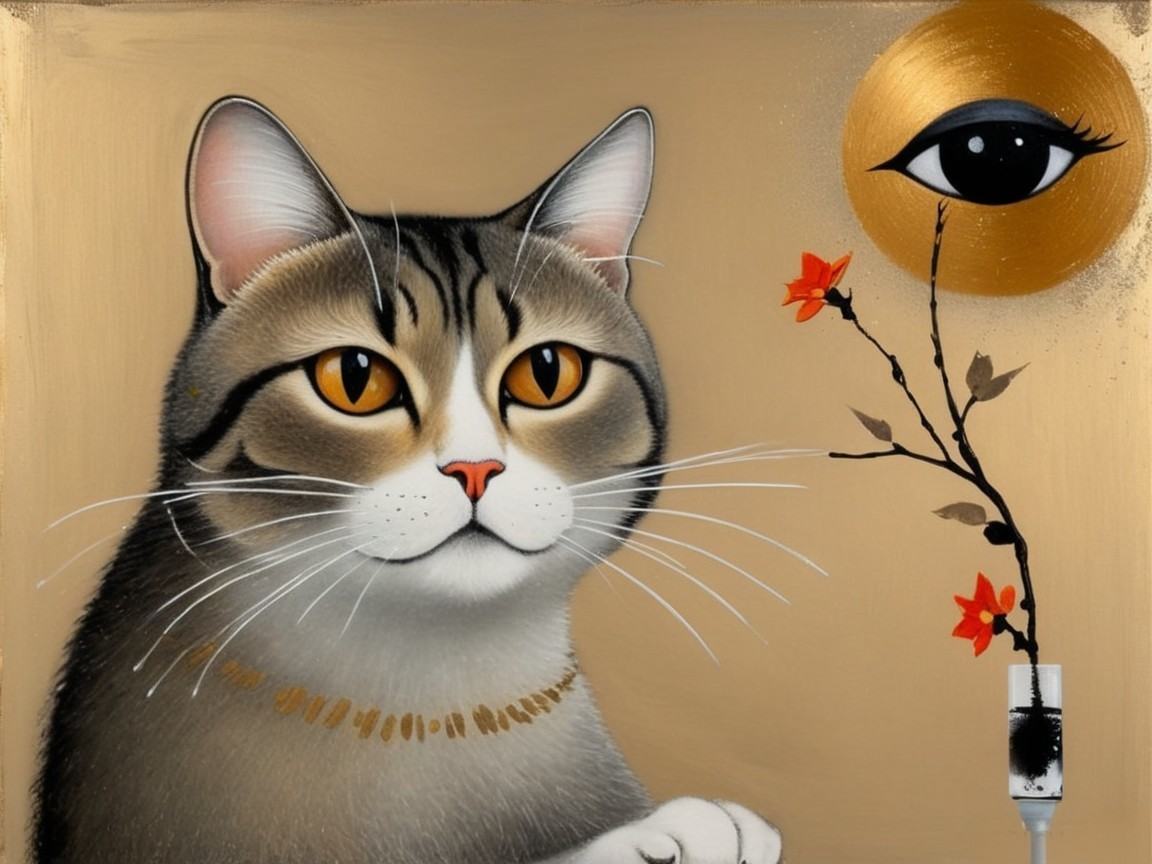 Stylized Cat Portrait with Golden Eyes and Flowers