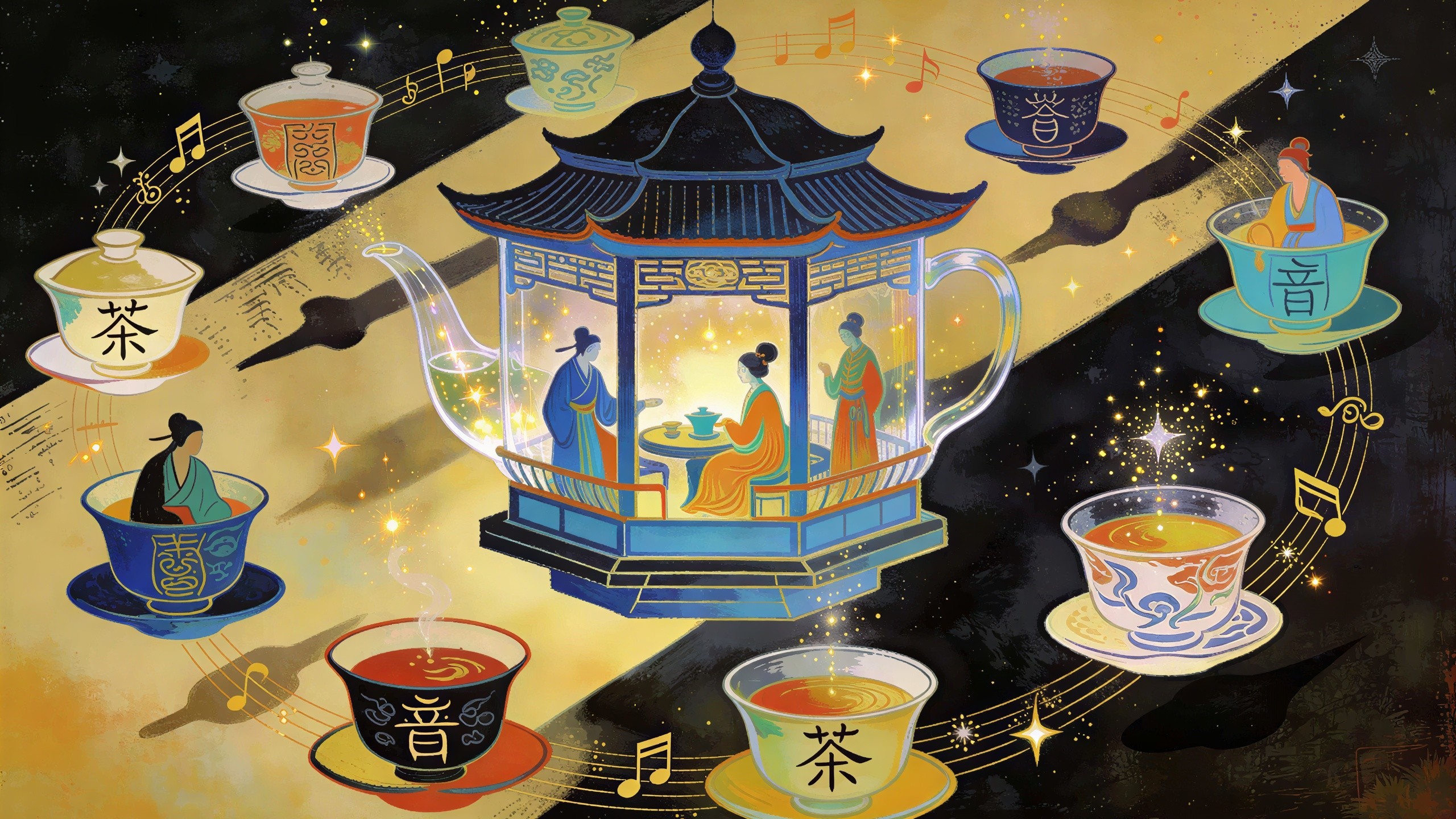 Mystical Chinese Tea Party Illustration with Teapot and Cups
