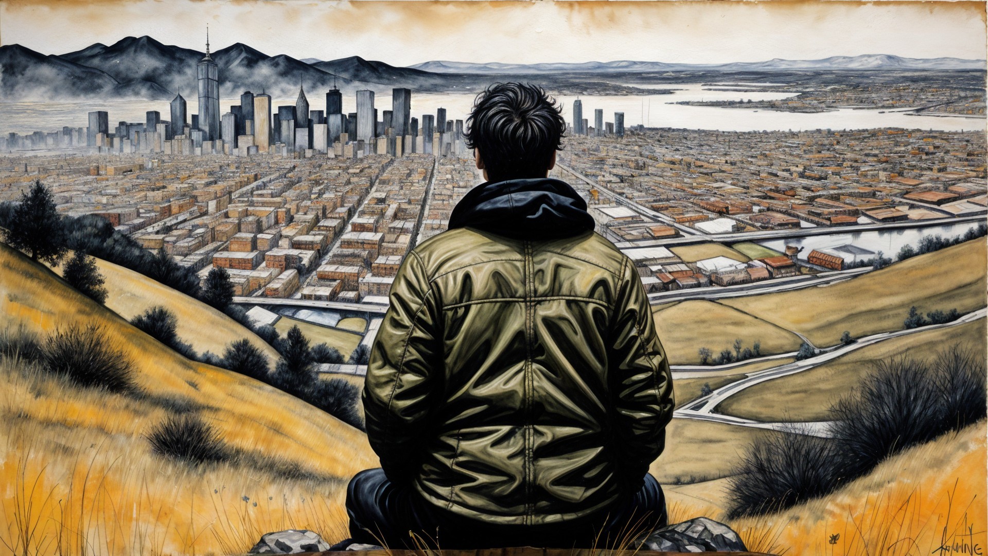 Lone Figure Overlooking Cityscape and Mountains